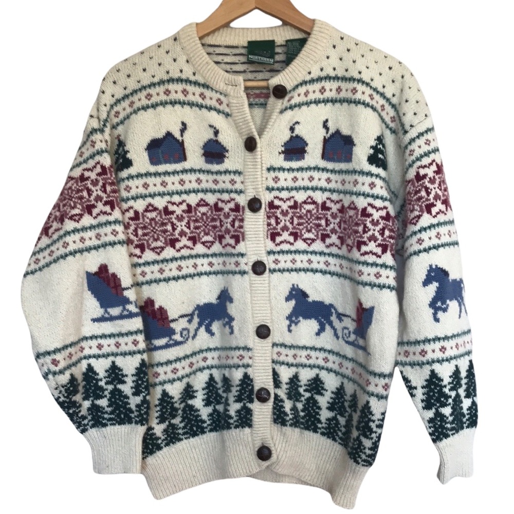 Vintage Northern Reflections wool blend knit Christmas sleigh cardigan M